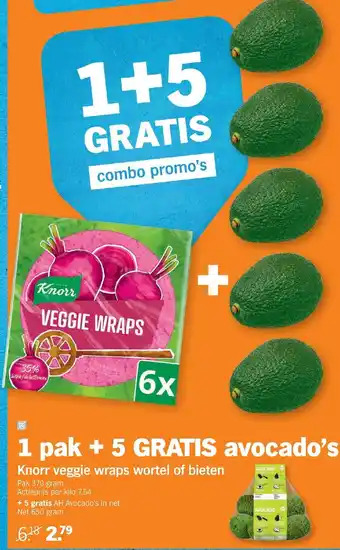 Albert Heijn 1 pak + 5 gratis avocado's knorr veggie wraps wortel of bieten 370g aanbieding