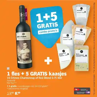 Albert Heijn 1 Fles + 5 gratis kaasjes 19 crimes chardonnay of red blend 0.75 liter aanbieding