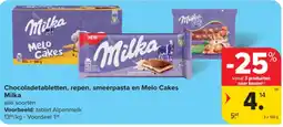 Carrefour Chocoladetabletten, repen, smeer pasta en Melo Cakes Milka aanbieding