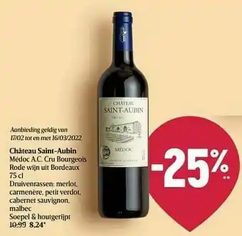 Delhaize Château saint-aubin médoc a.c. cru bourgeois rode wijn uit bordeaux aanbieding