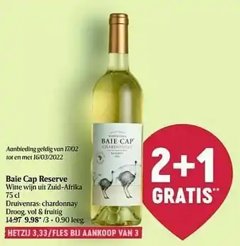 Delhaize Baie cap reserve witte wijn uit zuid-afrika aanbieding