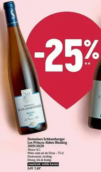 Delhaize Domaines schlumberger les princes abbés riesling 2019-2020 alsace a.c. witte wijn uit de elzas aanbieding