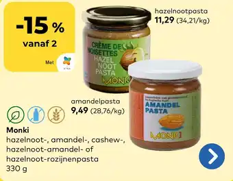 Monki hazelnoot-, amandel-, cashew-, hazelnoot-amandel- of hazelnoot-rozijnenpasta