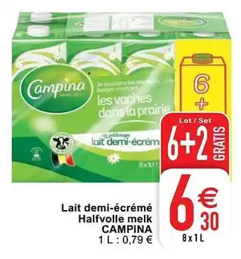 Cora Lait demi-écrémé halfvolle melk campina 8x1 L aanbieding