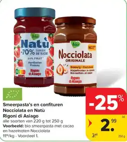 Carrefour Market Smeer pasta's en confituren Nocciolata en Natu Rigoni di Asiago aanbieding