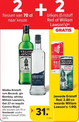 Carrefour Market Wodka Eristoff, rum Bacardi, gin Bombay, whisky William Lawson's, Get 27 en tequila Camino Royal aanbieding