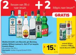 Carrefour Wodka Eristoff, rum Bacardi, gin Bombay, whisky William Lawson's, Get 27 en tequila Camino Royal aanbieding