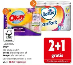 Colruyt Okay alle keukenrollen, Lotus alle toilet papier of Tempo alle zakdoeken aanbieding
