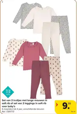 Carrefour Set van 2 truitjes met lange mouwen in soft rib of set van 2 leggings in soft rib voor baby's aanbieding