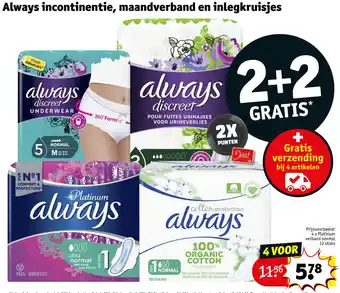 Kruidvat Always incontinentie, maandverband en inlegkruisjes 4 x platinum verband normal 12 stuks aanbieding