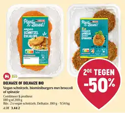 Delhaize Vegan schnitzels, biominiburgers met broccoli of spinazie aanbieding