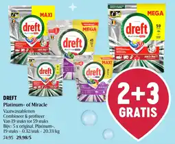 Delhaize Dreft Platinum+ of Miracle vaatwastabletten aanbieding