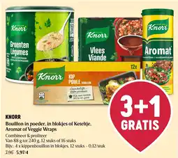 Delhaize Knorr bouillon in poeder, in blokjes of keteltje, aromat of veggie wraps aanbieding