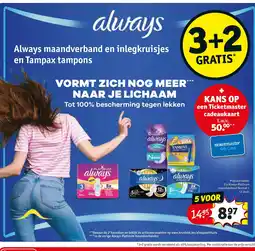 Kruidvat Always maandverband en inlegkruisjes en Tampax tampons aanbieding