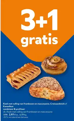OKay Koek met vulling van frambozen en mascarpone, Croissandwich of Kaneelbun aanbieding