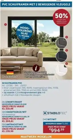 Zelfbouwmarkt Pvc schuiframen met 2 bewegende vleugels aanbieding