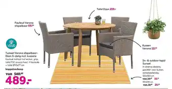 Leen Bakker Fauteuil Verona Stapelbaar, Tafel Dijon, Kussen Verona, In- & Outdoor Tapijt Sunset, Tuinset Verona Stapelbaar Dijon 5-delig aanbieding