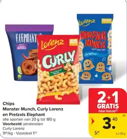 Carrefour Market Chips Monster Munch, Curly Lorenz en Pretzels Elephant aanbieding