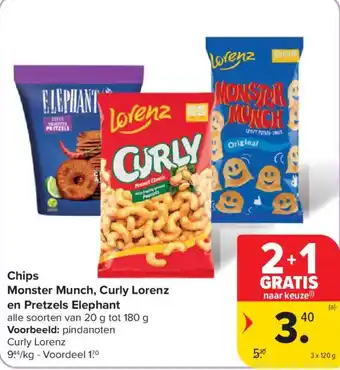 Chips Monster Munch, Curly Lorenz en Pretzels Elephant