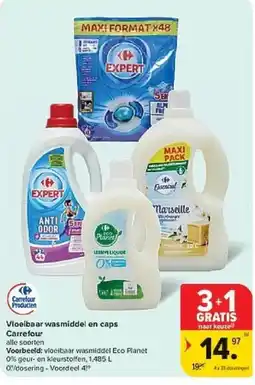 Carrefour Vloeibaar wasmiddel en caps aanbieding