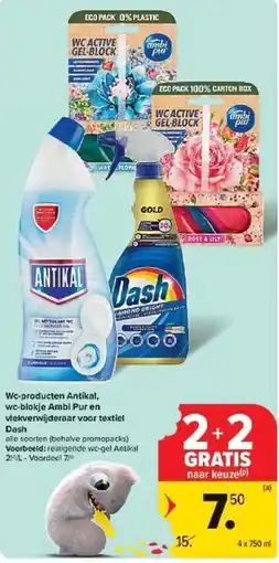 Carrefour Wc-producten Antikal, wc-blokje Ambi Pur en vlekverwijderaar voor textiel Dash aanbieding