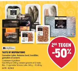 Delhaize Gerookte zalm, Ardense forel, forelfilet, garnalen of oesters aanbieding
