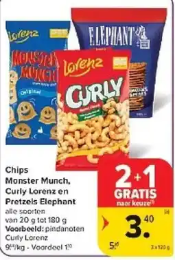 Carrefour Chips Monster Munch Curly Lorenz en Pretzels Elephant aanbieding