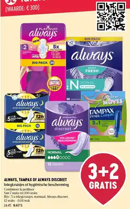 Delhaize Always, Tampax of Always discreet inlegkruisjes of hygiënische bescherming aanbieding