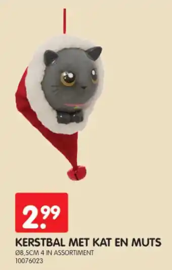Kerstbal met kat en muts