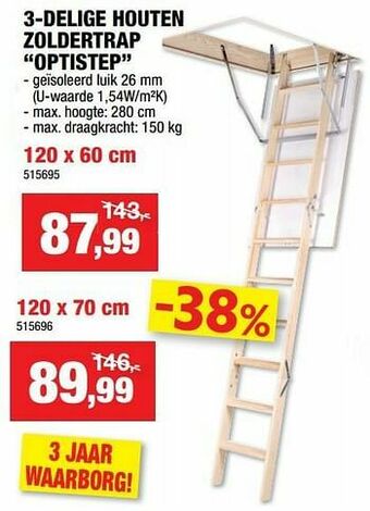 Hubo 3-delige houten zoldertrap optistep aanbieding