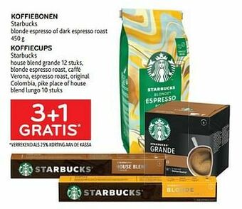 Alvo Koffiebonen starbucks + koffiecups starbucks 3+1 gratis aanbieding