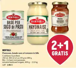 Delhaize Bertolli pastasaus, koude saus of tomaten in blik aanbieding