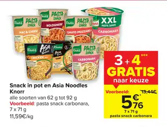Carrefour Snack in pot en Asia Noodles Knorr pasta snack carbonara 7 x 71 g aanbieding