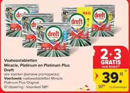 Carrefour Market Vaatwastabletten Miracle, Platinum en Platinum Plus Dreft aanbieding