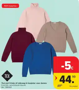 Carrefour Trui met V-hals of roll kraag in kasjmier voor dames aanbieding