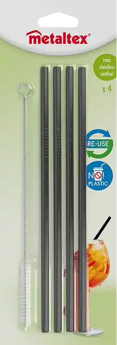 Makro Metaltex Rietjes herbruikbaar 21,5 cm zwart 4 stuks aanbieding