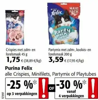 Colruyt Purina felix alle crispies, minifilets, partymix of playtubes aanbieding