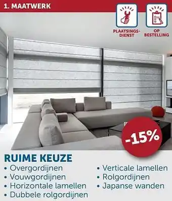 Zelfbouwmarkt -15% overgordijnen, vouwgordijnen, horizontale lamellen, dubbele rolgordijnen, verticale lamellen, rolgordijnen, japanse wand aanbieding