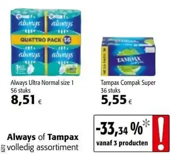 Colruyt Always of tampax Ultra Normal Size 1 56 stuks aanbieding