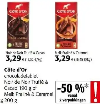 Colruyt Côte d`or chocoladetablet noir de noir truffé + cacao of melk praliné + caramel aanbieding