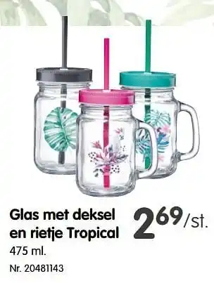 Glas met deksel en rietje tropical