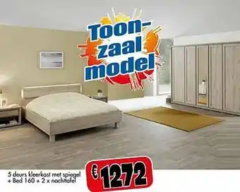 Budget Meubelen 5 deurs kleerkast met spiegel + bed 160 + 2 x nachttafel aanbieding