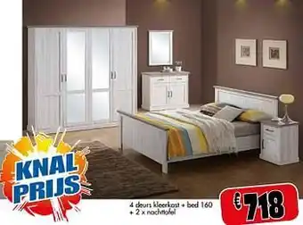Budget Meubelen 4 deurs kleerkast + bed 160 + 2 x nachttafel aanbieding