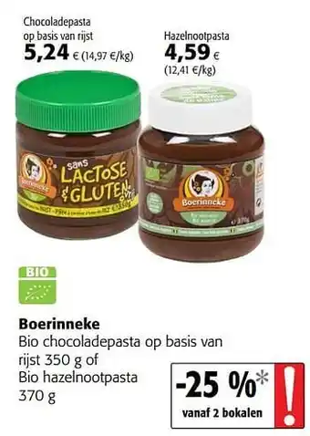 Colruyt Boerinneke bio chocoladepasta op basis van rijst 350g of bio hazelnootpasta 370 g aanbieding