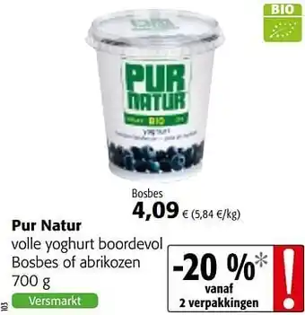 Colruyt Pur natur volle yoghurt boordevol bosbes of abrikozen 700 g aanbieding