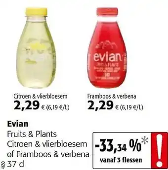 Colruyt Evian fruits + plants citroen + vlierbloesem of framboos + verbena 37 cl aanbieding