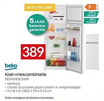 Selexion Beko koel-vriescombinatie rdsa240k31wn aanbieding