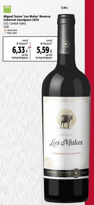 Colruyt Miguel torres las mulas reserva cabernet sauvignon 2019 d.o. central valley chili aanbieding