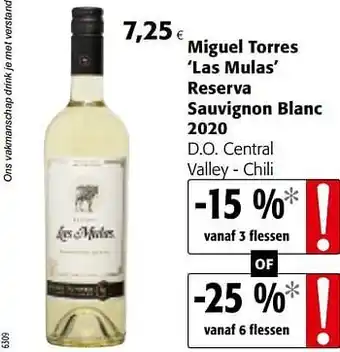 Colruyt Miguel torres las mulas reserva sauvignon blanc 2020 d.o. central valley - chili aanbieding