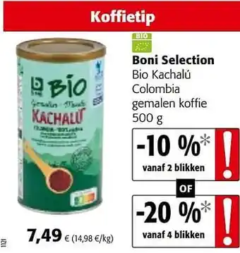 Colruyt Boni selection bio kachalú colombia gemalen koffie 50 g aanbieding